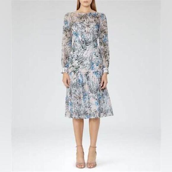 REISS Nyla Gray Blue Floral Long Sleeve Sheer Midi Dress Size 4 - Picture 1 of 12